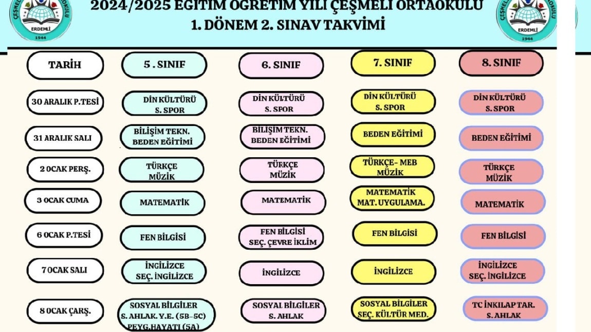 1. Dönem 2. Sınav Tarihleri